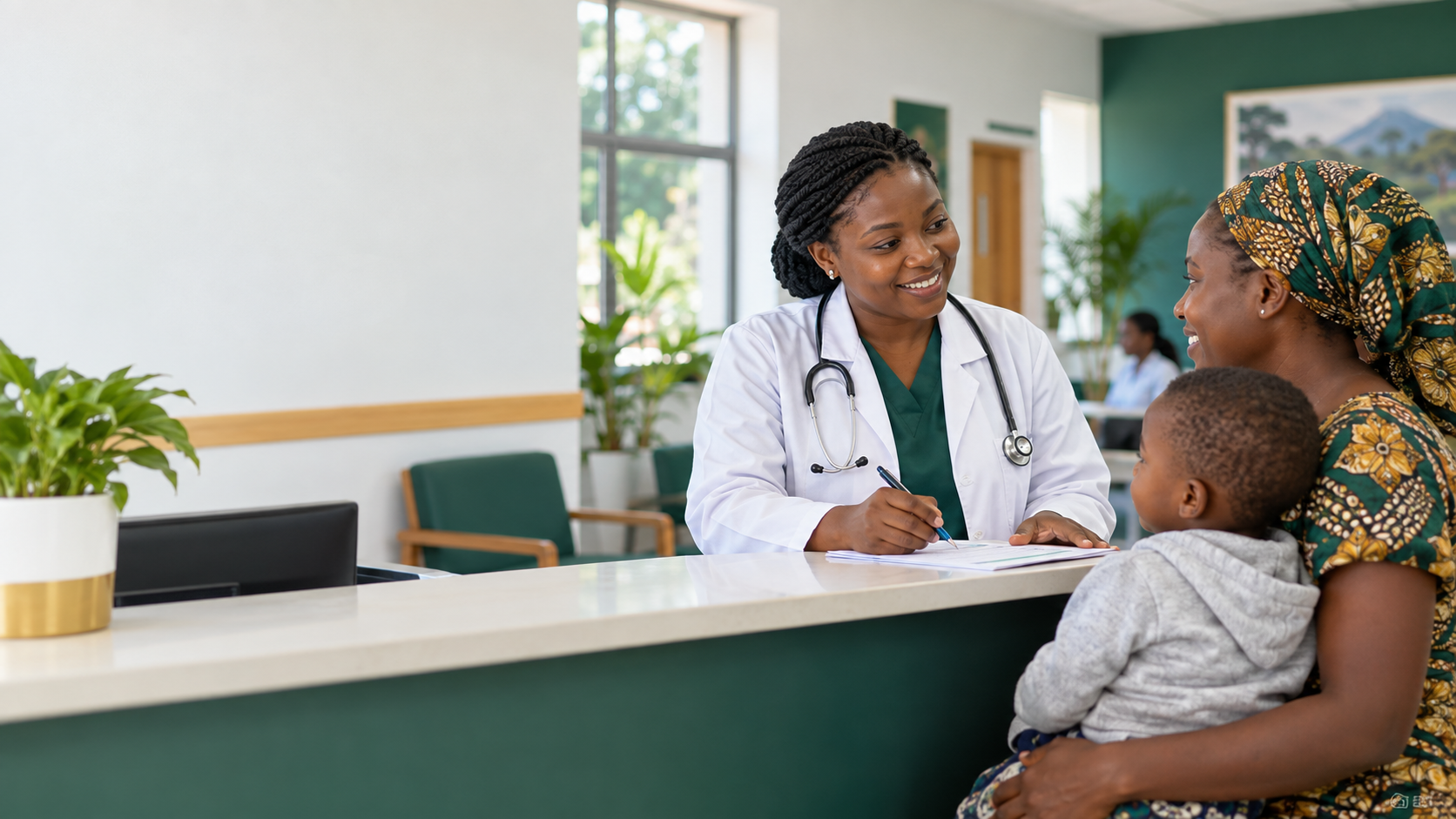 A clinician welcoming a mother and child at a community health centre